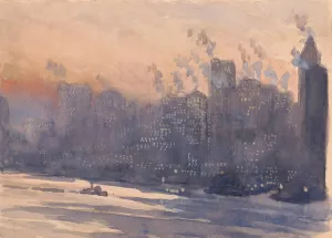 New York City Harbor and Skyline at Night by Joseph Pennell Oil Painting