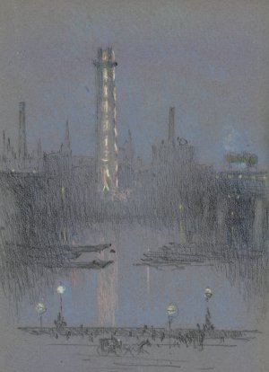 Shot Tower with Night Lights, from Embankment by Joseph Pennell Oil Painting