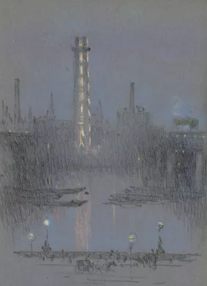 Shot Tower with Night Lights, from Embankment by Joseph Pennell Oil Painting