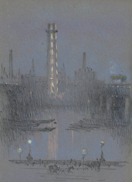 Shot Tower with Night Lights, from Embankment  by Joseph Pennell - Hand-Painted Oil Painting Reproduction