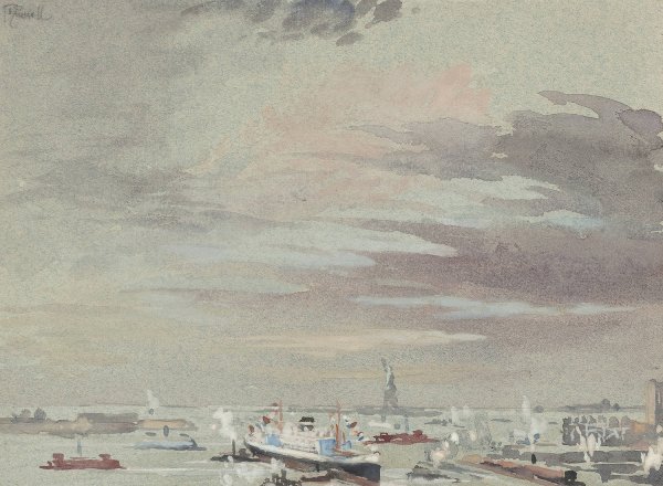 The Harbor and the Statue of Liberty by Joseph Pennell - Hand-Painted Oil Painting Reproduction