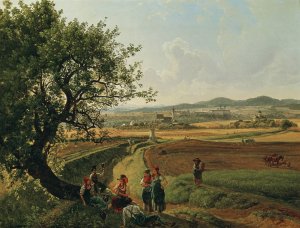 Ansicht der Herrschaften Schloss Emmersdorf und Rothenhof mit Stift Melk im Hintergrund by Joseph Rebell Oil Painting