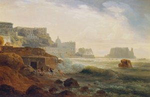 Kuste bei Neapel mit Kastell und netzziehenden Fischern by Joseph Rebell Oil Painting