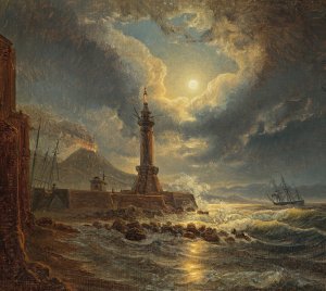 Leuchtturm im Hafen von Neapel bei Mondschein by Joseph Rebell Oil Painting