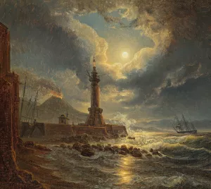 Leuchtturm im Hafen von Neapel bei Mondschein Oil painting by Joseph Rebell
