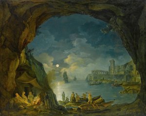 Paesaggio Notturno Con Astanti In Una Grotta Mediterranea by Joseph Rebell Oil Painting