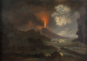 Vesuvausbruch bei Nacht mit Blick auf die Scuola di Virgilio by Joseph Rebell Oil Painting