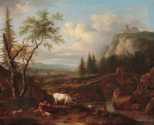 Mountain landscape with a bridge by Joseph Roos Oil Painting