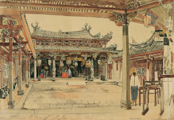 Hof eines chinesischen Tempels in Singapur  by Joseph Selleny - Hand-Painted Oil Painting Reproduction