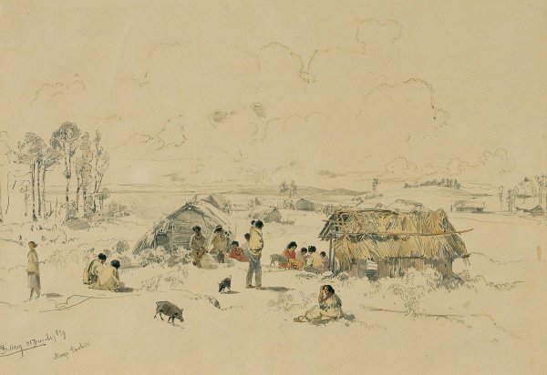 Maori-Dorf am Fluss Mangatawhiri, Auckland  by Joseph Selleny - Hand-Painted Oil Painting Reproduction