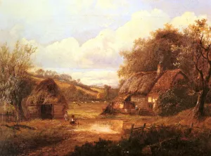 Landscape with Figures Outside a Thatched Cottage by Joseph Thors Oil Painting