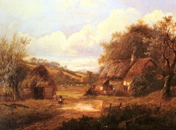 Main Product Photo of Landscape with Figures Outside a Thatched Cottage Painting by Joseph Thors
