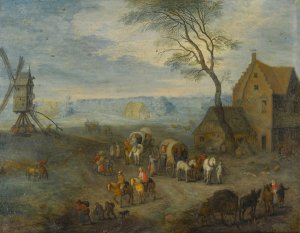 A village scene with travellers by a windmill by Joseph Van Bredael Oil Painting