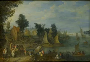 Village on the Bank of a River by Joseph Van Bredael Oil Painting