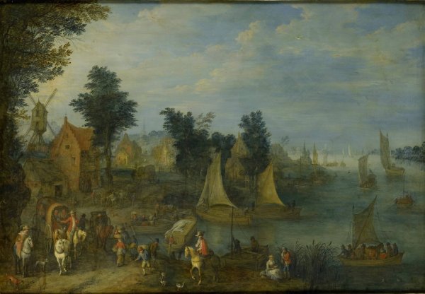 Village on the Bank of a River  by Joseph Van Bredael - Hand-Painted Oil Painting Reproduction