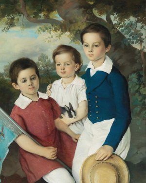 Portrait of Three Children with Rabbit by Joseph Weidner Oil Painting