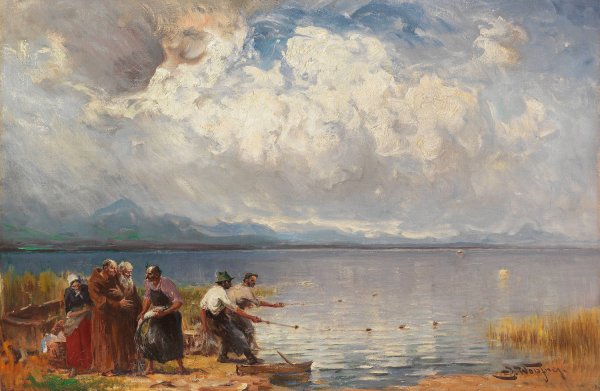 Main Product Photo of Fischer und Monche am Ufer  Painting by Joseph Wopfner