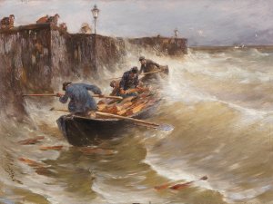 Gefahrliche Anlandung der Holzfischer am Bodensee by Joseph Wopfner Oil Painting