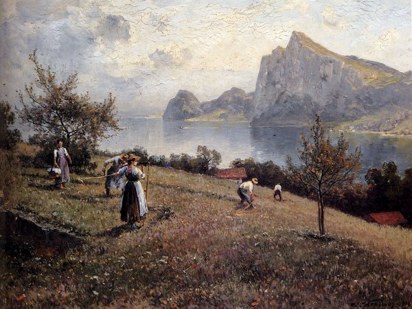 Main Product Photo of Harvesters By The Chiemsee Painting by Joseph Wopfner