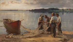 Netzflickende Fischer am Chiemseeufer by Joseph Wopfner Oil Painting