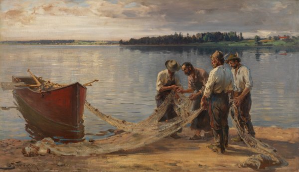 Main Product Photo of Netzflickende Fischer am Chiemseeufer  Painting by Joseph Wopfner