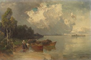 Verschiffung der Heuernte am Chiemsee mit aufziehendem Gewitter by Joseph Wopfner Oil Painting
