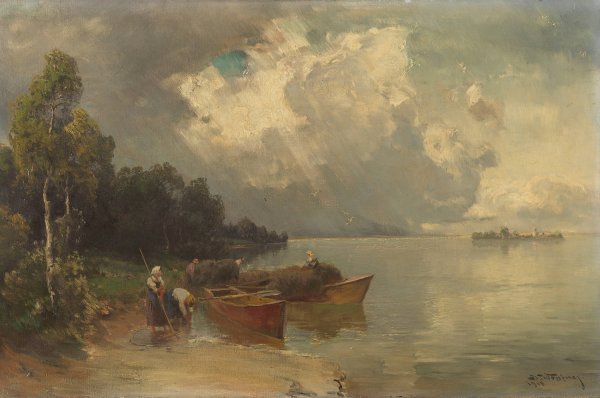 Main Product Photo of Verschiffung der Heuernte am Chiemsee mit aufziehendem Gewitter  Painting by Joseph Wopfner