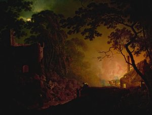 A cottage on fire at night by Joseph Wright Of Derby Oil Painting