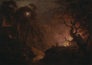 Cottage on fire at night by Joseph Wright Of Derby Oil Painting
