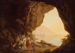 Grotto by the Seaside in the Kingdom of Naples with Banditti, Sunset by Joseph Wright Of Derby Oil Painting