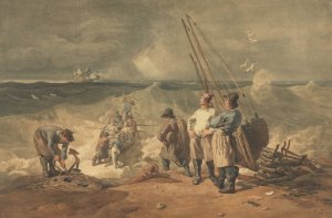 Coast of Sussex, Pushing Off a Boat to a Vessel in Distress by Joshua Cristall Oil Painting