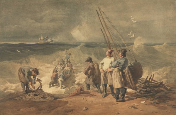 Main Product Photo of Coast of Sussex, Pushing Off a Boat to a Vessel in Distress  Painting by Joshua Cristall