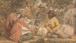 Country Folk Gathered Around a Cooking Pot by Joshua Cristall Oil Painting