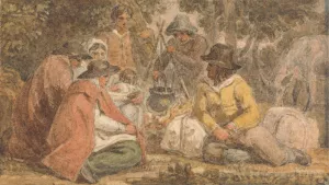 Country Folk Gathered Around a Cooking Pot by Joshua Cristall Oil Painting