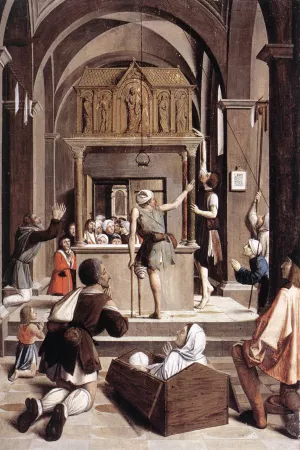 Pilgrims at the Tomb of St Sebastian by Josse Lieferinxe - Oil Painting Reproduction