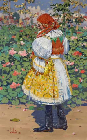 Divka v kroji v zahrade Oil painting by Joza Uprka