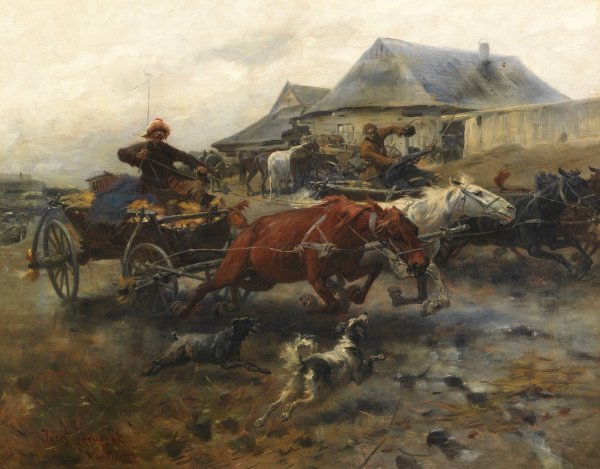 Dahinjagende Fuhrwerke  by Jozef Brandt - Hand-Painted Oil Painting Reproduction