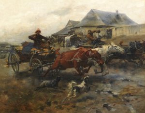 Dahinjagende Fuhrwerke by Jozef Brandt Oil Painting