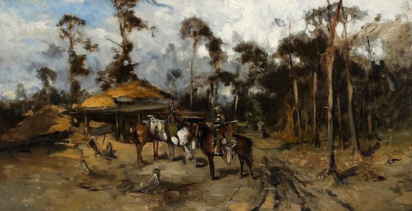 Horsemen in the woods, sketch  by Jozef Brandt - Hand-Painted Oil Painting Reproduction