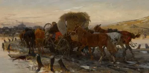 Jews leading horses to the market by Jozef Brandt Oil Painting