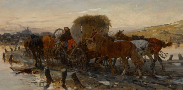 Jews leading horses to the market by Jozef Brandt - Hand-Painted Oil Painting Reproduction