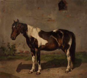 Horse with the barn in the background by Jozef Brodowski Oil Painting