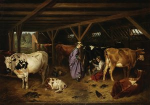In the barn by Jozef Brodowski Oil Painting
