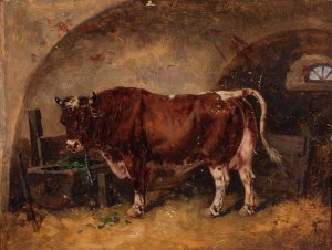 Ox in the barn by Jozef Brodowski Oil Painting