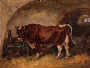 Ox in the barn by Jozef Brodowski Oil Painting