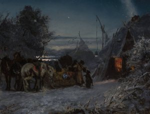 Sleigh in front of a hut at night by Jozef Chelmonski Oil Painting