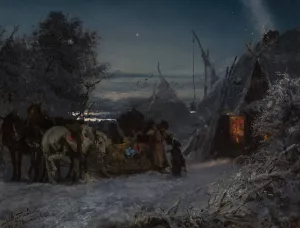 Sleigh in front of a hut at night by Jozef Chelmonski Oil Painting