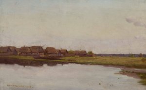 Village at waterside by Jozef Chelmonski Oil Painting