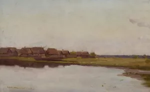 Village at waterside by Jozef Chelmonski Oil Painting