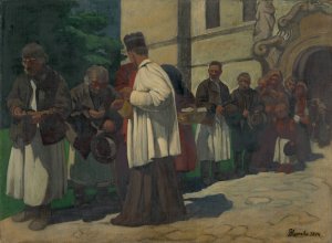 Alms by Jozef Hanula Oil Painting